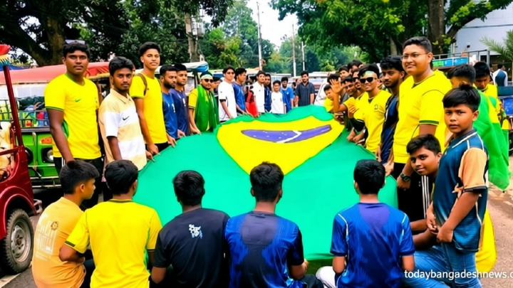 দিনাজপুরে বৃষ্টি উপেক্ষা করে ব্রাজিল সমর্থকদের বর্ণাঢ্য শোভাযাত্রা