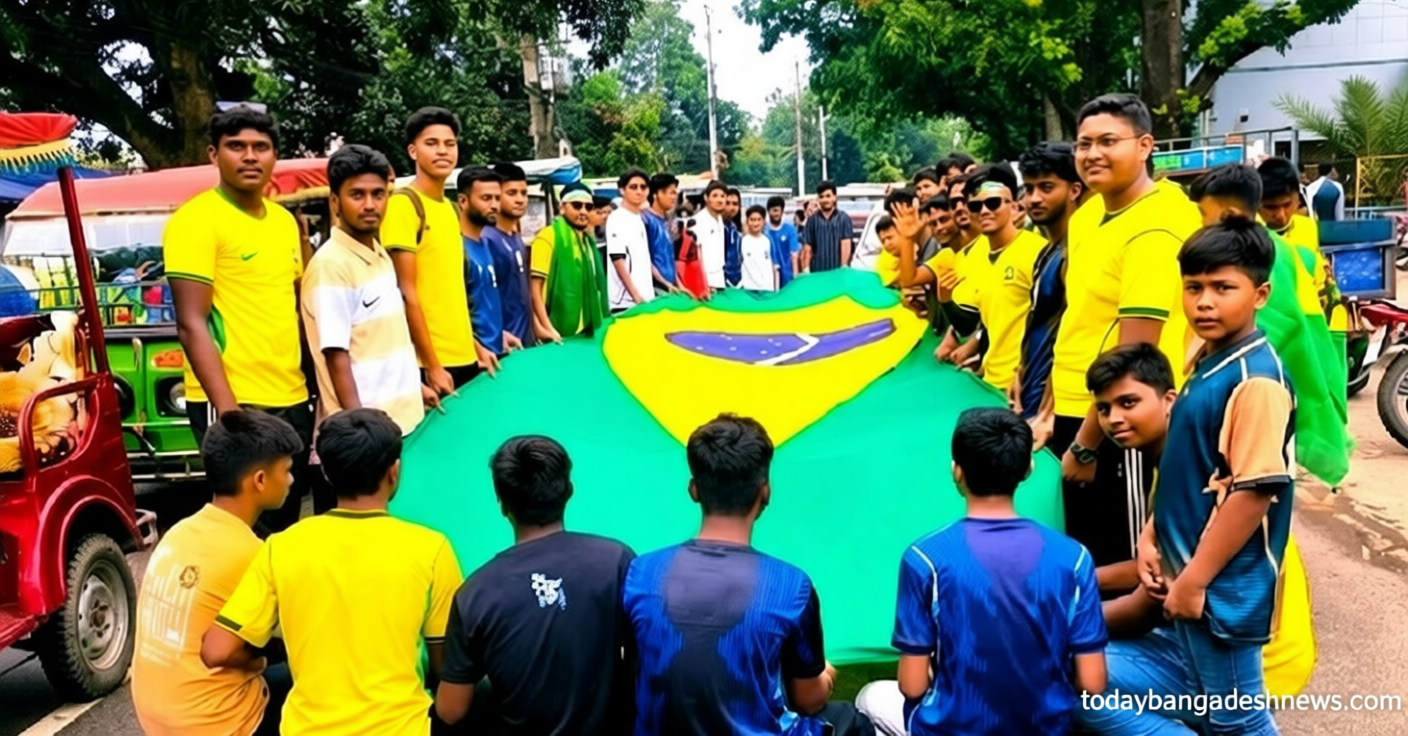 দিনাজপুরে বৃষ্টি উপেক্ষা করে ব্রাজিল সমর্থকদের বর্ণাঢ্য শোভাযাত্রা