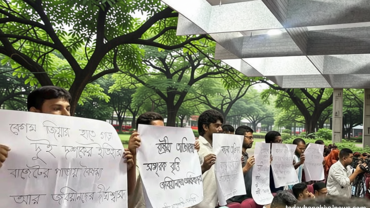 শিক্ষামন্ত্রীর সামনে অভিনব কৌশলে বাজেট বৈষম্যের প্রতিবাদ করল জবি ছাত্রশক্তি